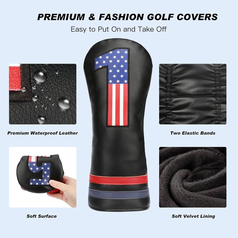 PONADA Golf Head Covers, 4pcs or 1pc USA Stars and Stripes Golf Club Covers for Woods and Driver Fairway Hybrid, PU Leather Golf Club Head Covers for Men Women with Interchangeable Tags, Fits Most Golf Clubs - Image 4